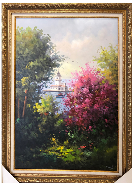 İstanbul Kız Kulesine ve Bahar Yağlı Boya Tablo resmi