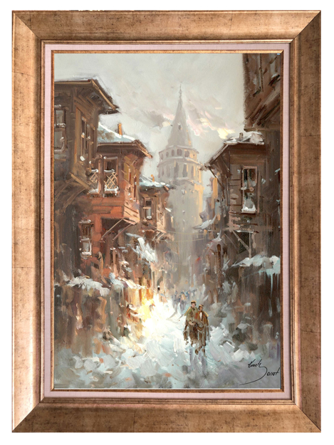 Galata Kulesi ve Eski Ahşap Evler Yağlı Boya Tablo resmi