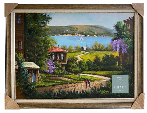 Ahşap Evler ve Deniz Manzaralı Yol Yağlı Boya Tablo resmi