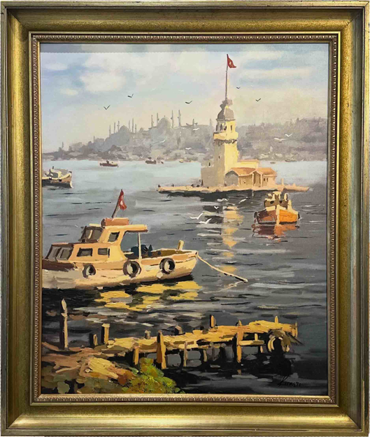 Kız Kulesi ve Vapurlar Yağlı Boya Tablo resmi