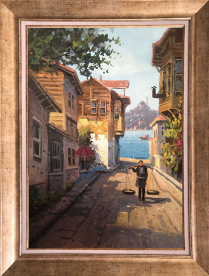 Eski İstanbul Yoğurtçusu ve Ahşap Evler Yağlı Boya Tablo resmi