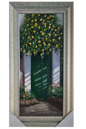 Yeşil Kapı ve Çiçekler Yağlı Boya Tablo resmi