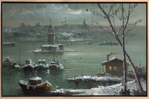 Kış Mevsiminde Kız Kulesi Yağlı Boya Tablo resmi