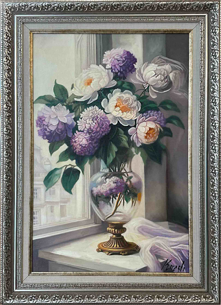 Vazoda Beyaz Güller Yağlı Boya Tablo resmi